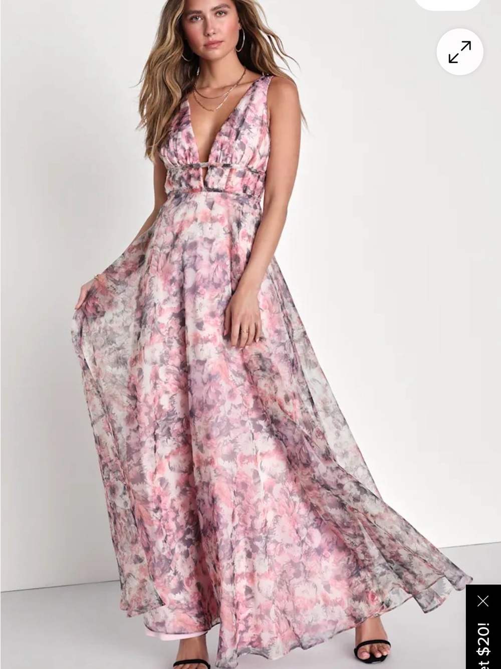 Lulu's Pink Floral Plunging V-Neck Maxi Dress